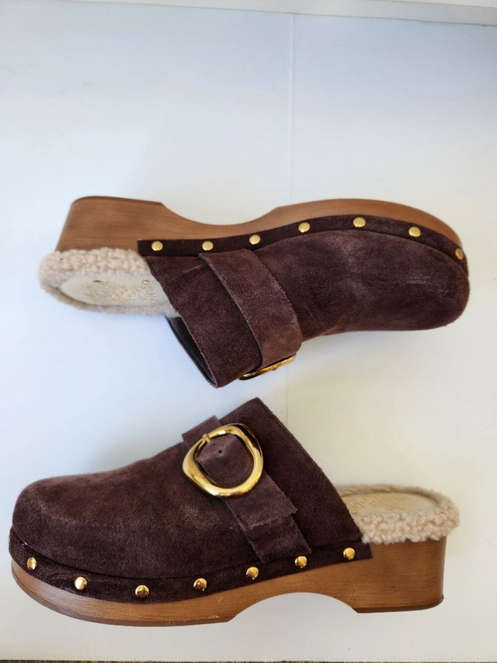 Vince Camuto Canzenee Brown Suede Shearling Sherpa Clogs Comfy Cozy Cute Boho - Picture 3 of 9